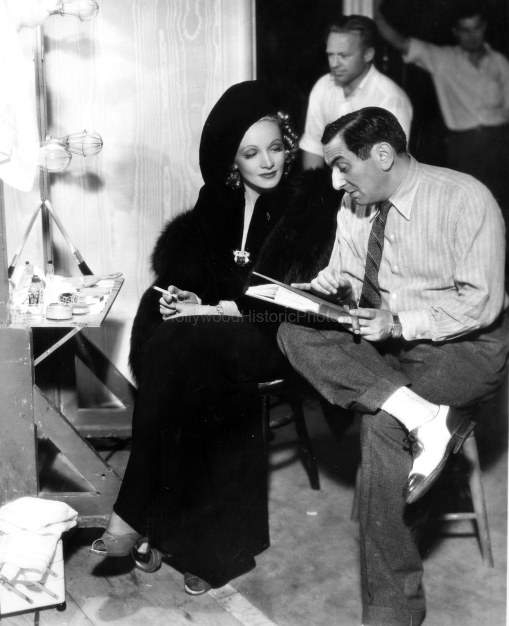 Marlene Dietrich 1937 With director Ernst Lubitsch on the set of Angel wm.jpg